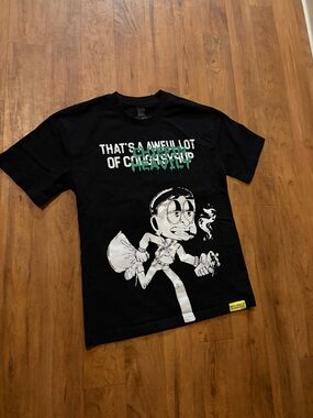 Black Graphic Short Sleeve Tee with White Cartoon Print